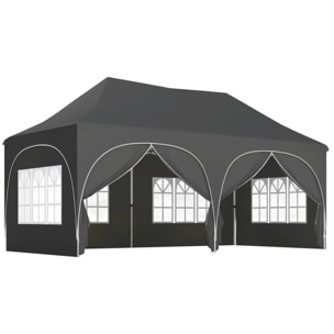 Tonnelle pliante 3x6m imperméable anti-UV, barnum avec 6 parois & 6 sacs de sable - tente de réception 12 trous de drainage - pavillon pop-up, 4 fenêtres église pour mariage, marché - gris