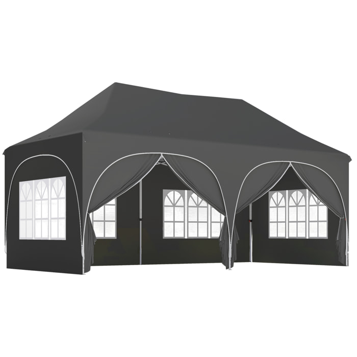 Tonnelle pliante 3x6m imperméable anti-UV, barnum avec 6 parois & 6 sacs de sable - tente de réception 12 trous de drainage - pavillon pop-up, 4 fenêtres église pour mariage, marché - gris