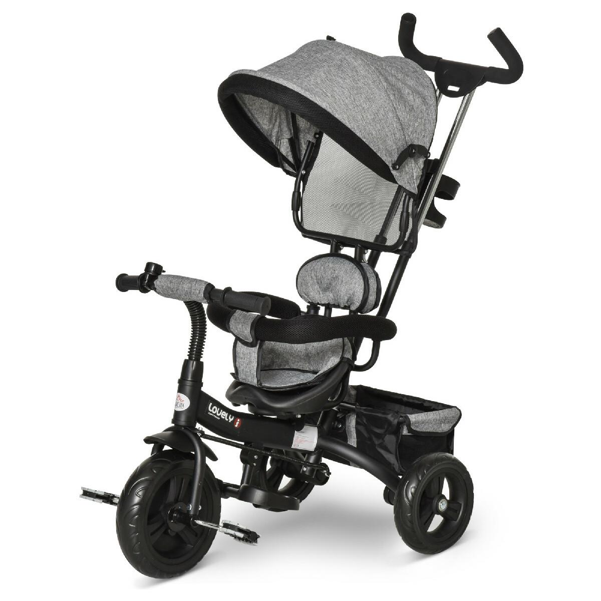 Tricycle enfant évolutif pare-soleil pliable canne  télescopique amovible 92 x 51 x 110 cm acier gris noir