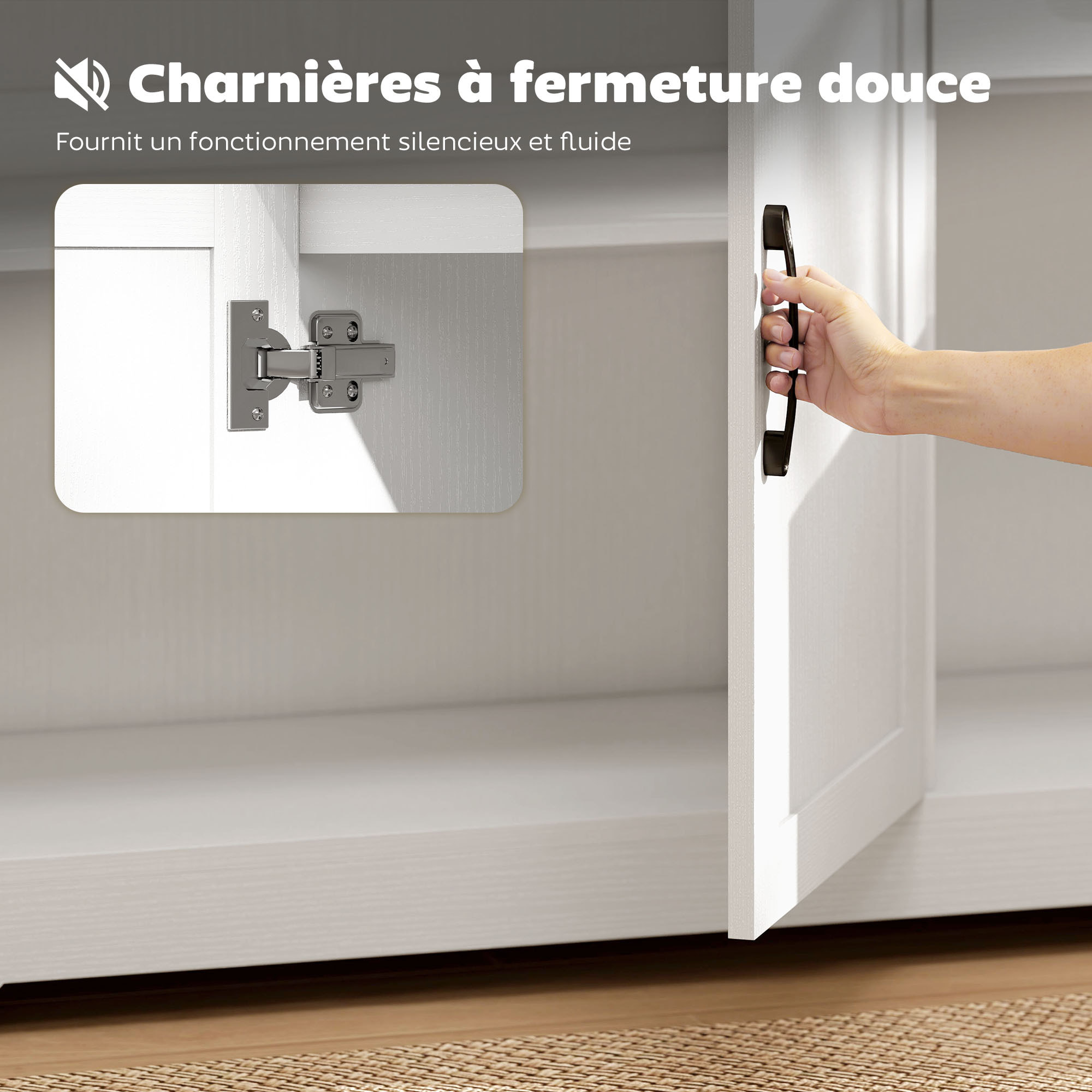 Buffet contemporain 3 portes étagère 2 tiroirs poignées métal noir effet bois blanc