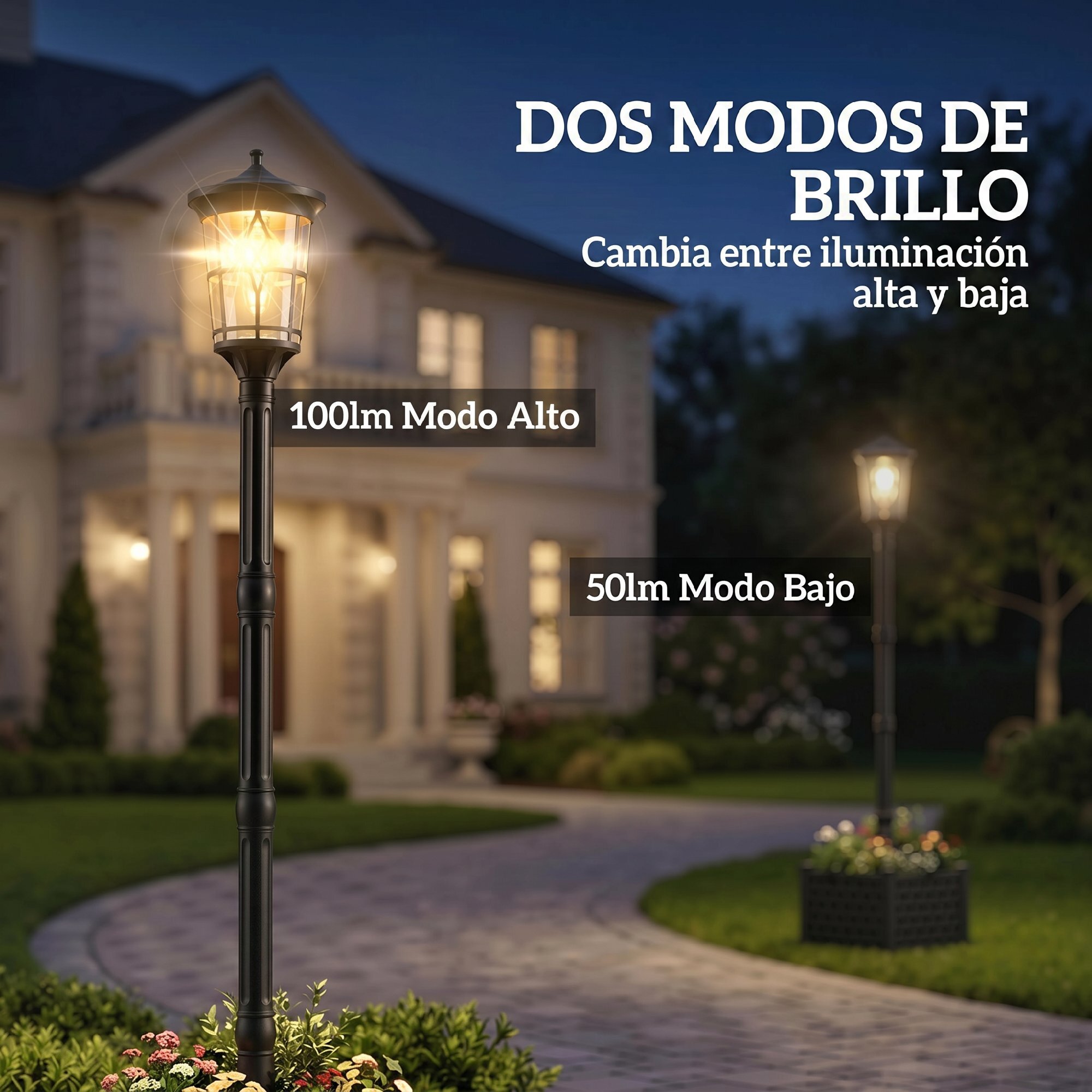 Farola Solar Exterior de Jardín con Macetero, Luz Solar de Exterior LED, 2 Modos de Brillo 100/50 lm, Impermeable IP44, Encendido/Apagado Automático, para Terraza, Patio, 41,5x41,5x202,5 cm