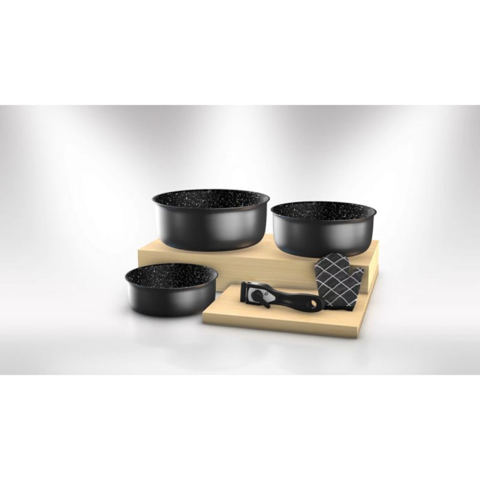 Batterie de cuisine revêtement pierre avec manche amovible 5 pièces noir Herzberg HG8051-BLK