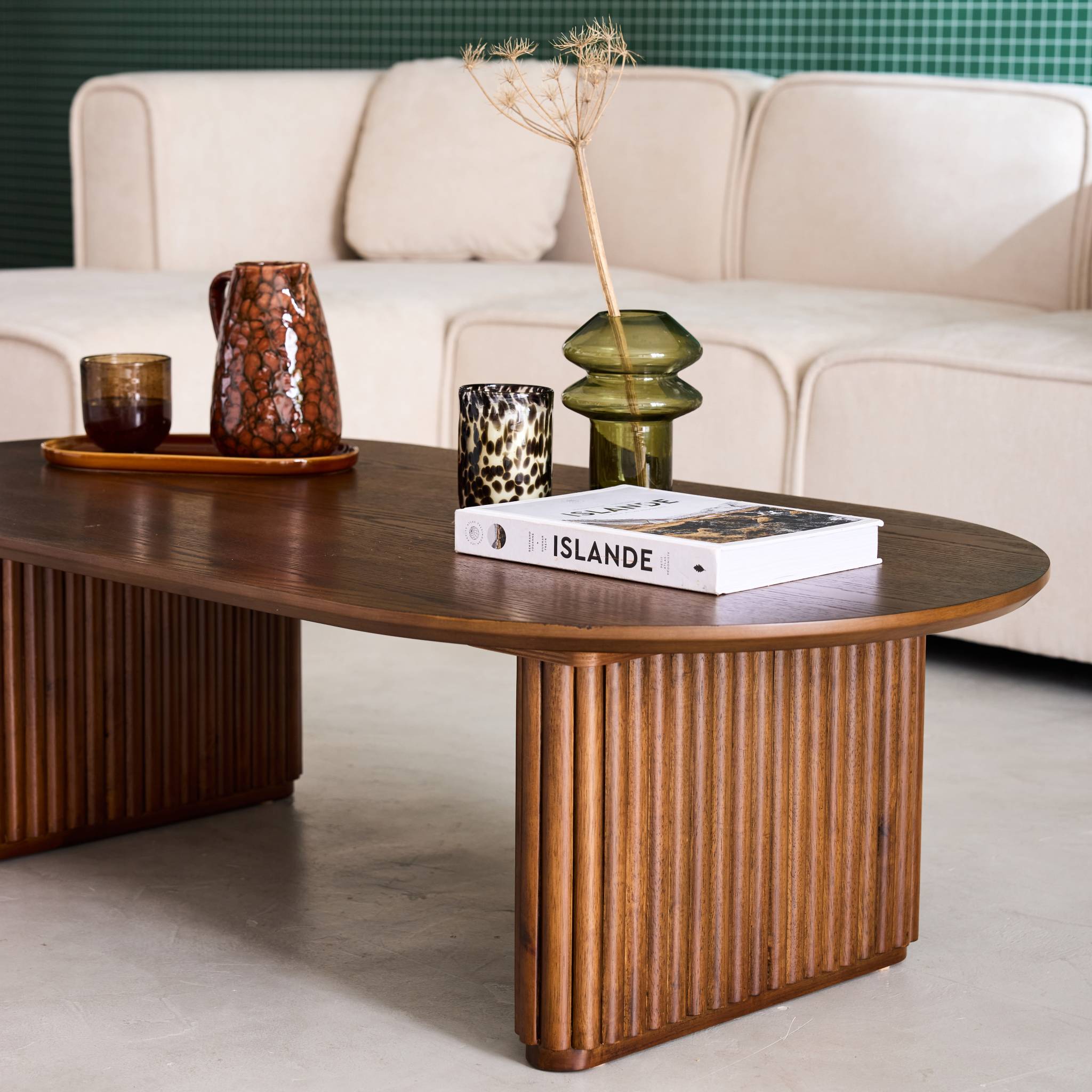 Table basse ovale bois d'hévéa placage chêne GABRIELLE