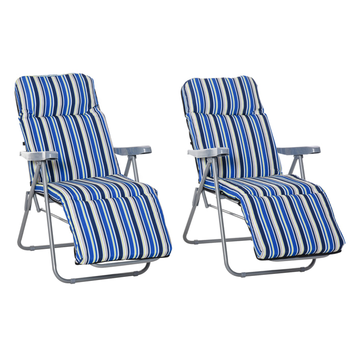 2 Tumbonas Plegables Tumbonas de Jardín de Acero con Cojín Acolchado Respaldo Ajustable en 5 Posiciones y Reposapiés 60x75x65-102 cm Rayas Azul
