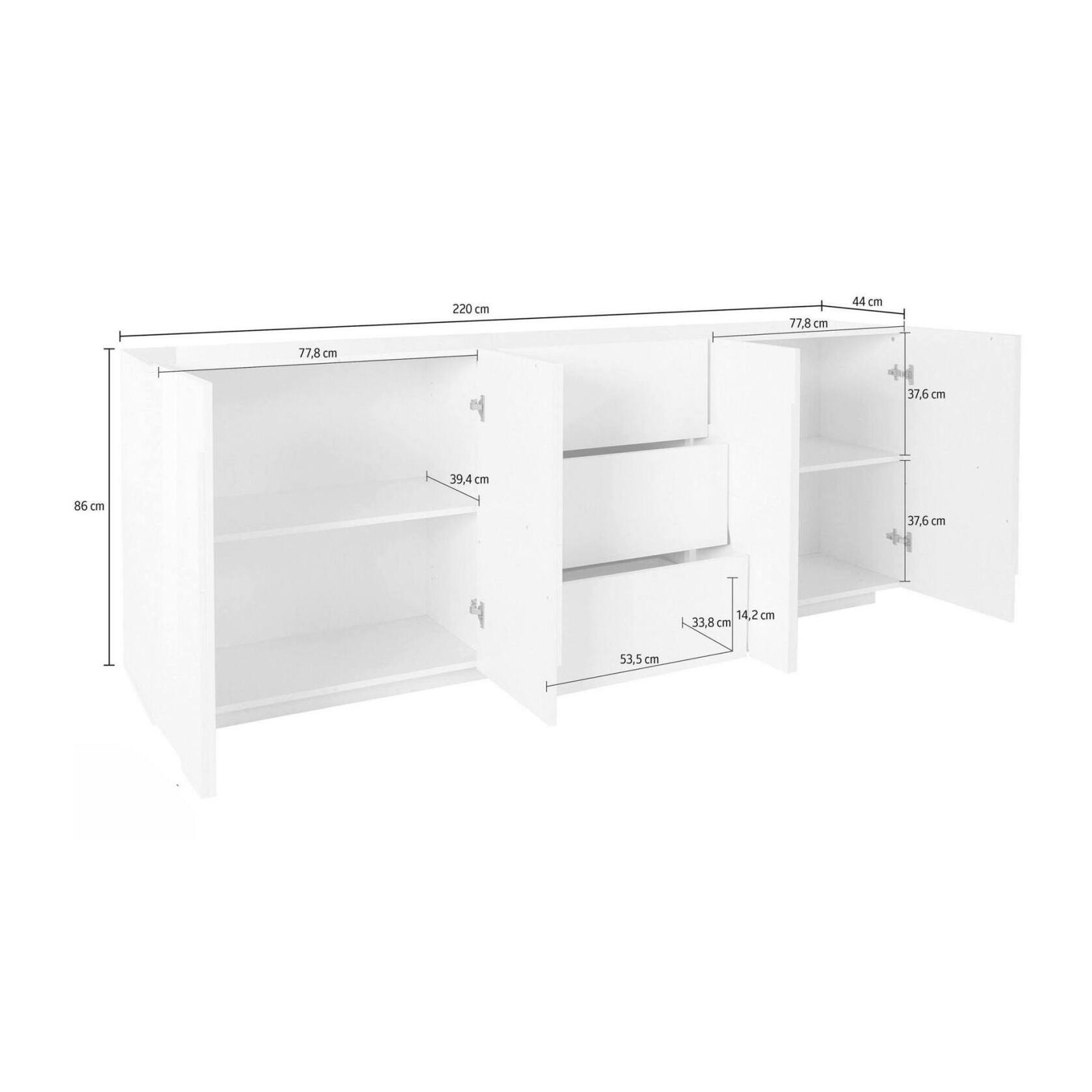 Credenza moderna a 4 ante e 3 cassetti, Made in Italy, Madia da cucina con dettaglio, Buffet di design da soggiorno, cm 224x44h86, colore Bianco lucido