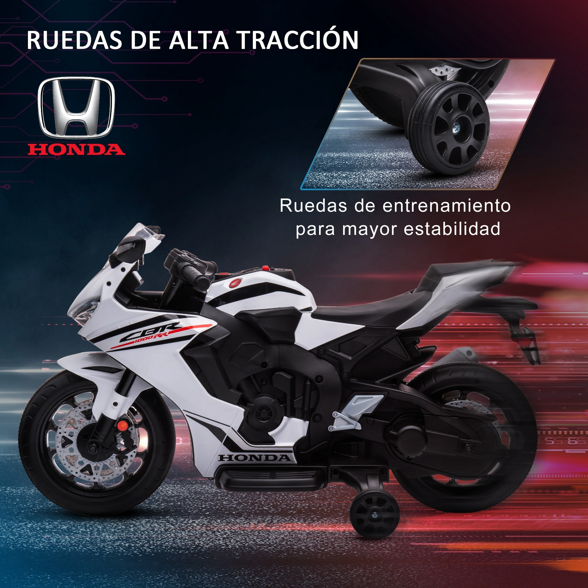 Moto Eléctrica con Licencia HONDA para Niños de 3-5 Años Moto a Batería 6V con Faro Bocina Música y Ruedas Auxiliares Extraíbles Carga 30 kg 90x44x52 cm Blanco