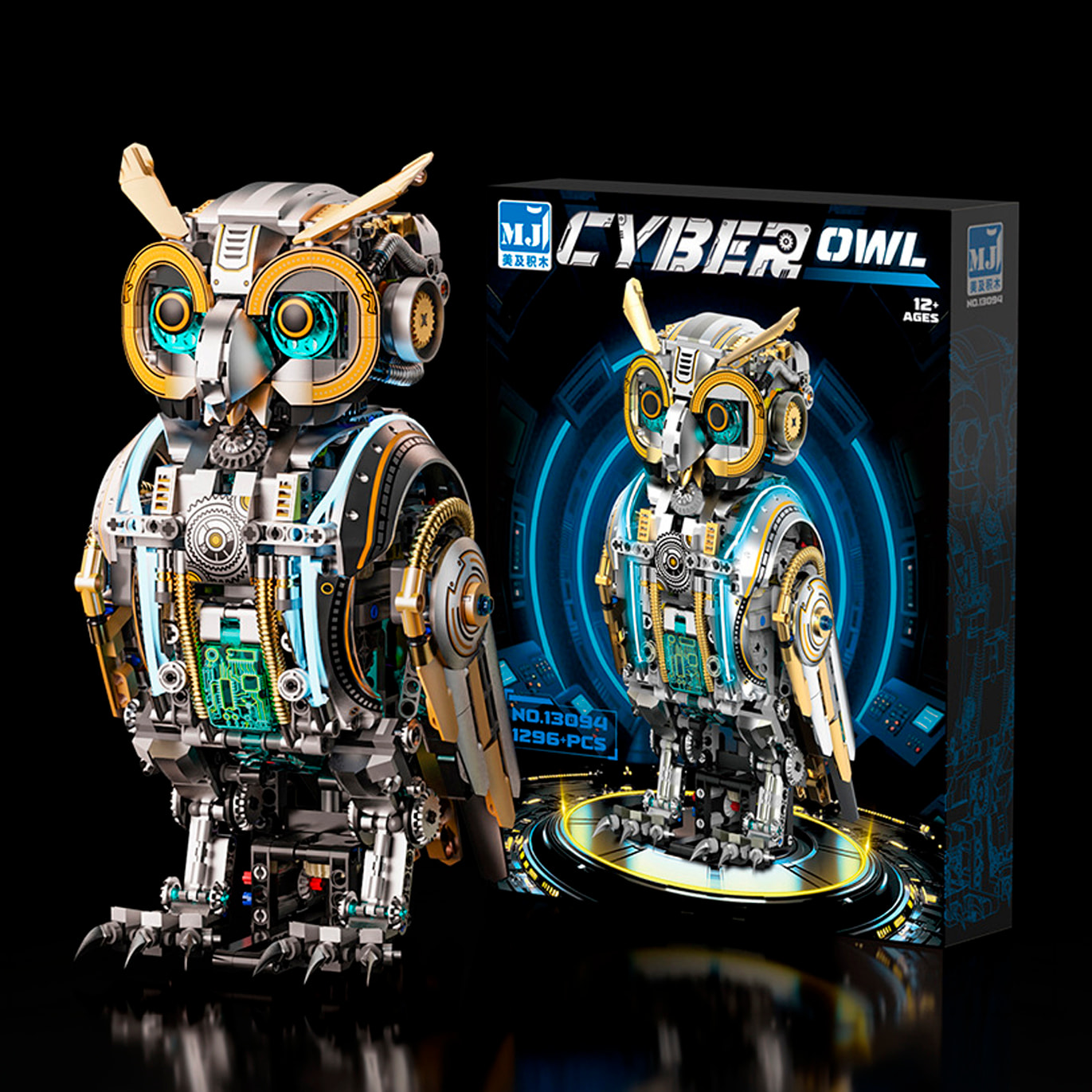 Maqueta 3D mecanizada de buho con 1296 piezas, equipada con luces y mecanismo de manivela que permite movimiento dinámico.