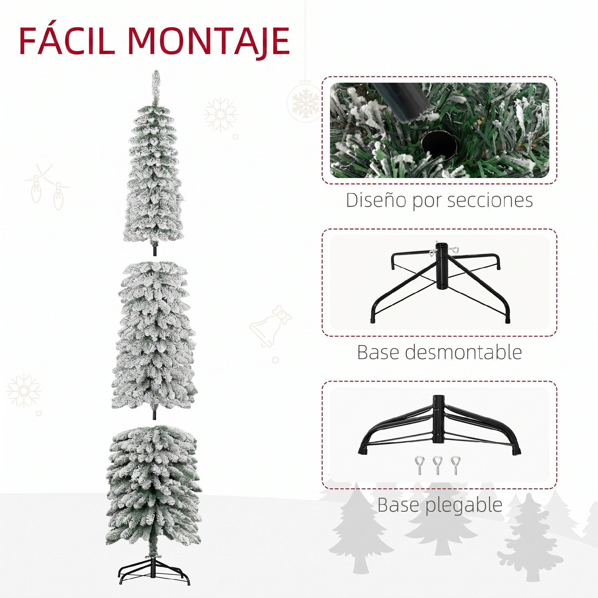 Árbol de Navidad Estrecho 240 cm, Árbol de Navidad Artificial Nevado con 603 Ramas y Soporte de Metal Plegable, Decoración Navideña para Salón, Interior, Verde