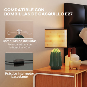 Lámpara de Mesa con Base de Cerámica y Pantalla de Lino Lámpara de Mesita de Noche de Estilo Retro con Interruptor para Dormitorio Salón E27 40W Verde y Madera Natural
