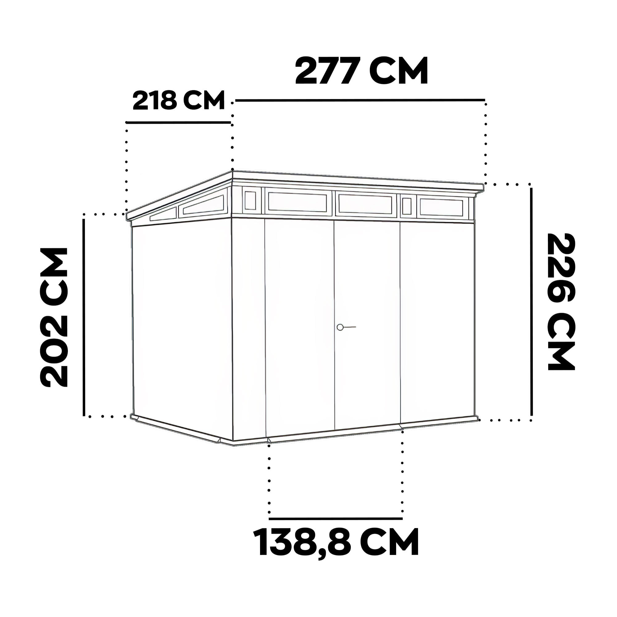 Pent 9x7 - Casetta da Giardino 279x226x218 cm 2 Ante per deposito attrezzi finitura effetto legno Evotech+ in Resina Marrone e Nero