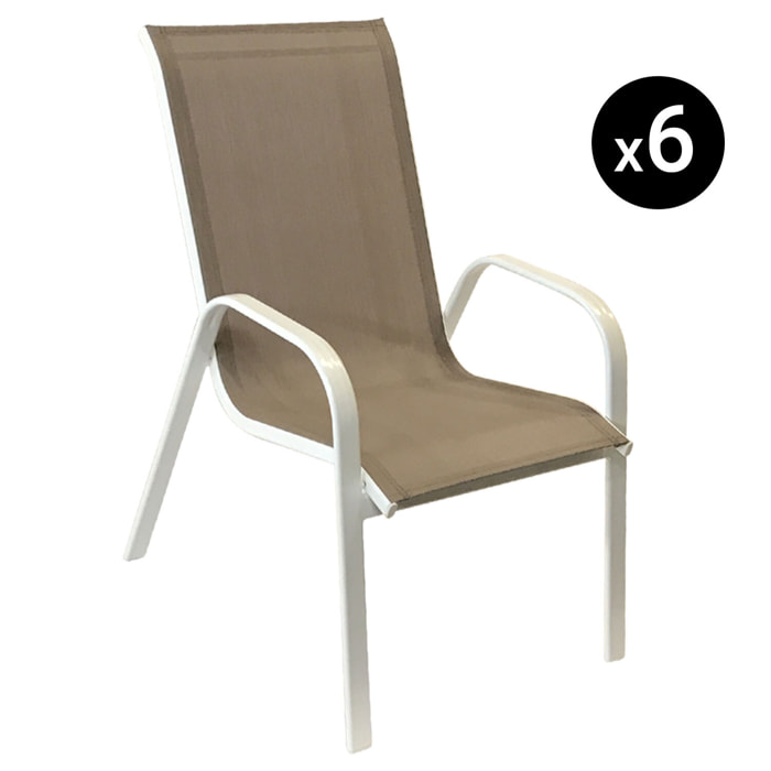 Lot de 6 chaises MARBELLA en textilène taupe - aluminium blanc