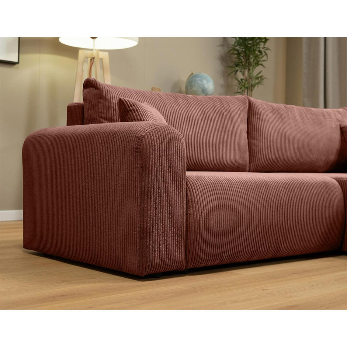 Naomi - Canapé d'angle réversible 4 places convertible avec coffre en velours côtelé - Rose