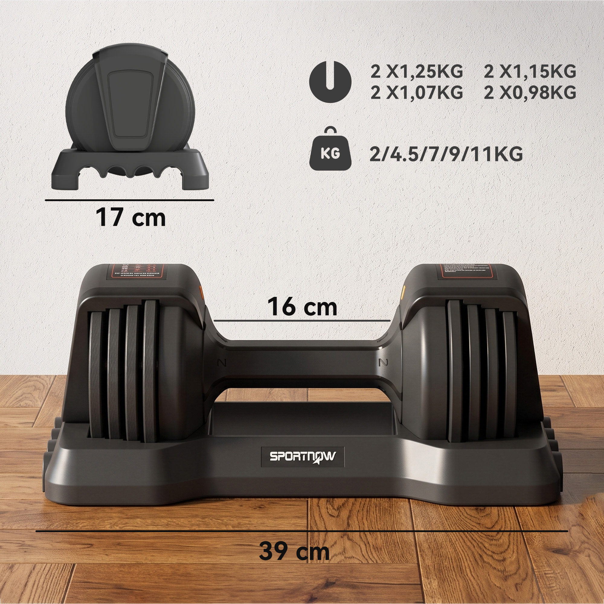Haltères réglables - haltères à réglage rapide 5 niv. - 2 x 11 Kg max. - noir