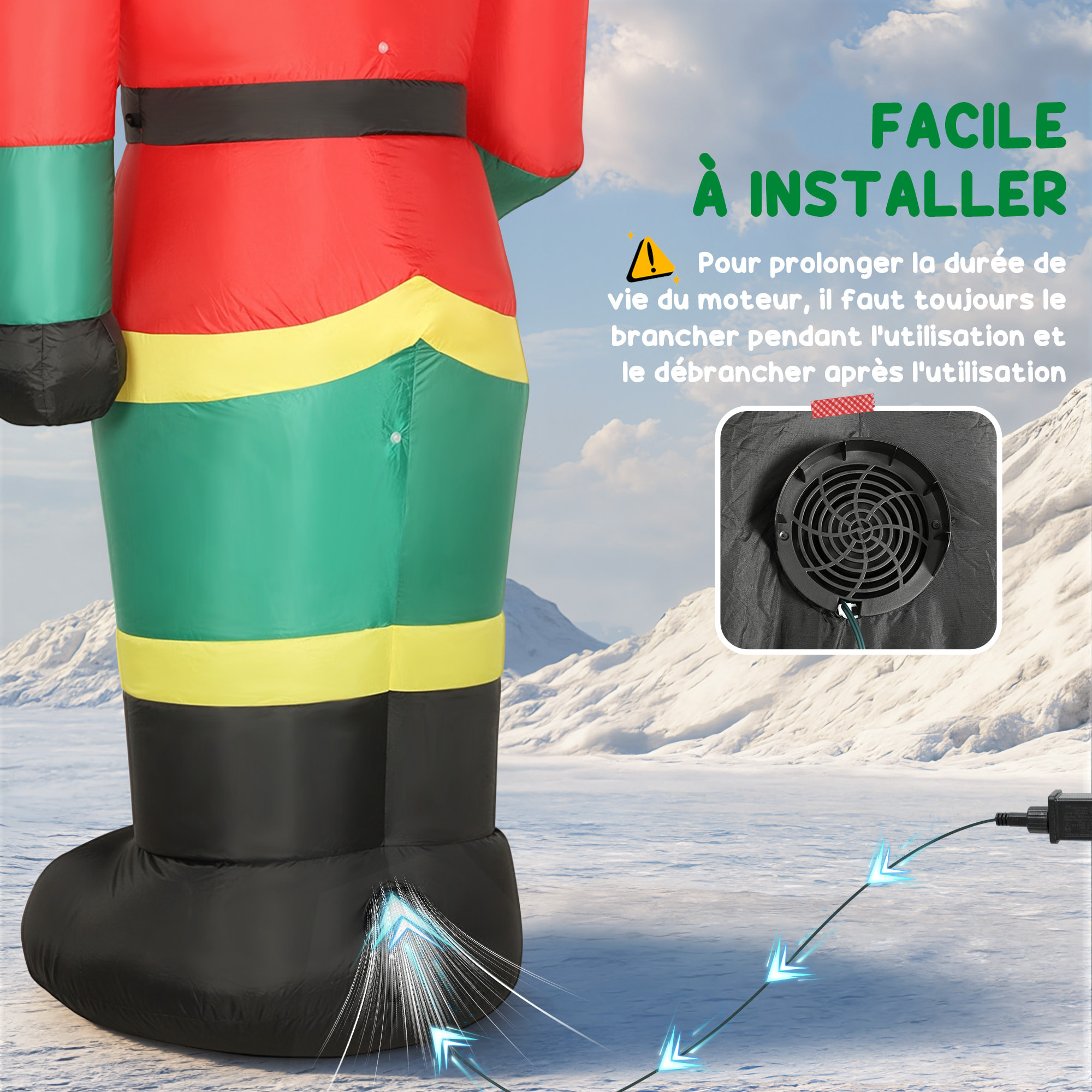 Casse-noisette Noël gonflable H.245 cm LED intégrées sceptre kit installation complet