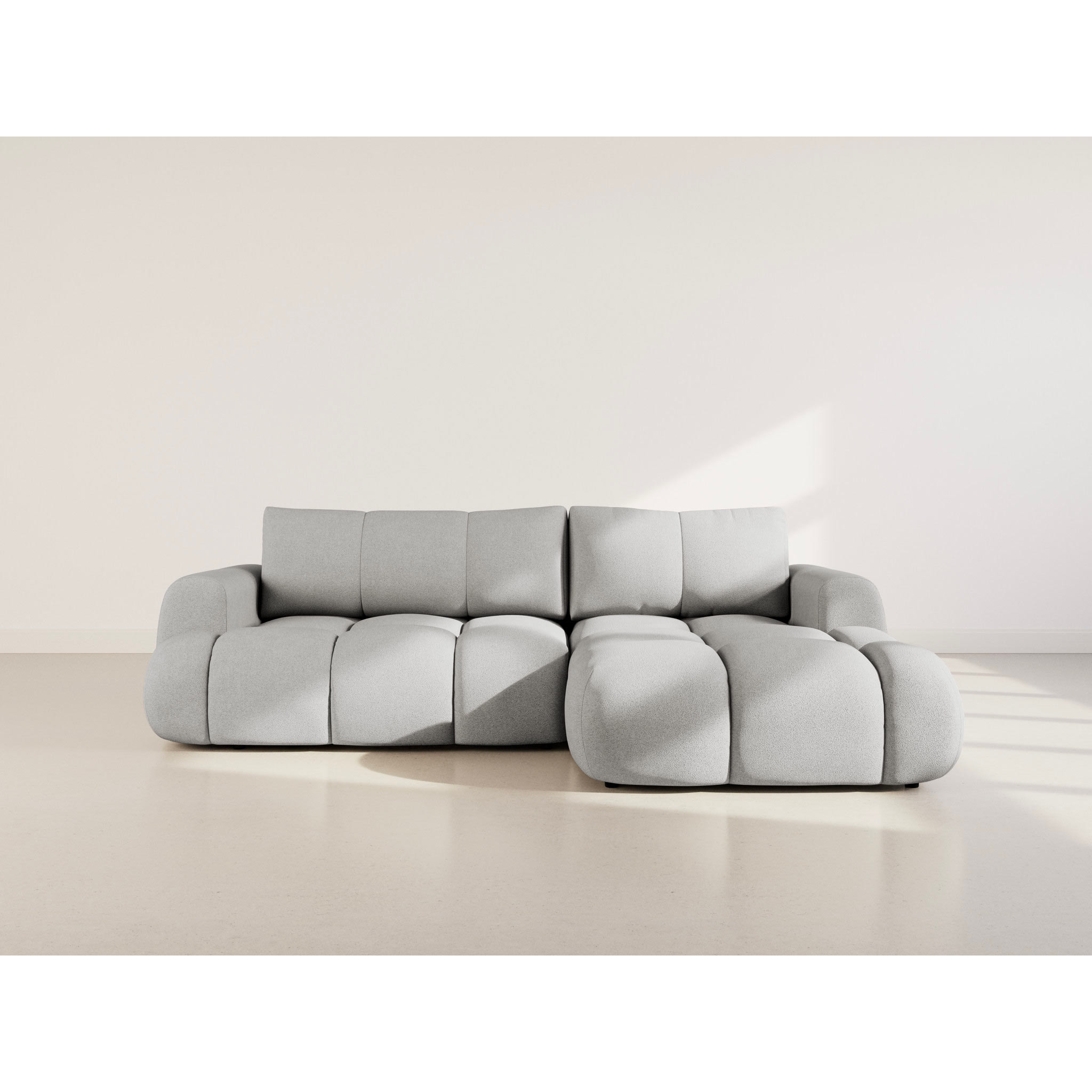 Yulin - Canapé d'angle droit 4 places convertible avec coffre en tissu bouclette - Gris clair