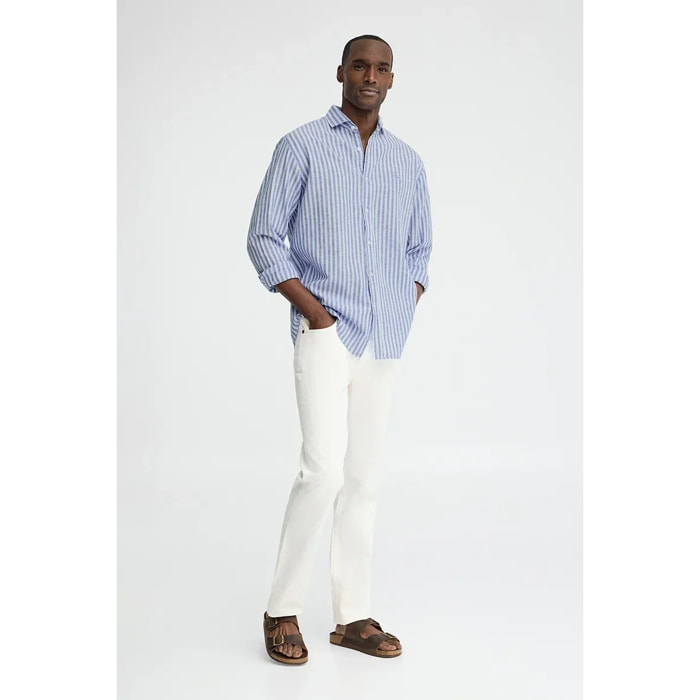 Camisa de rayas cotolino azul con cuello italiano y logo Polo Club