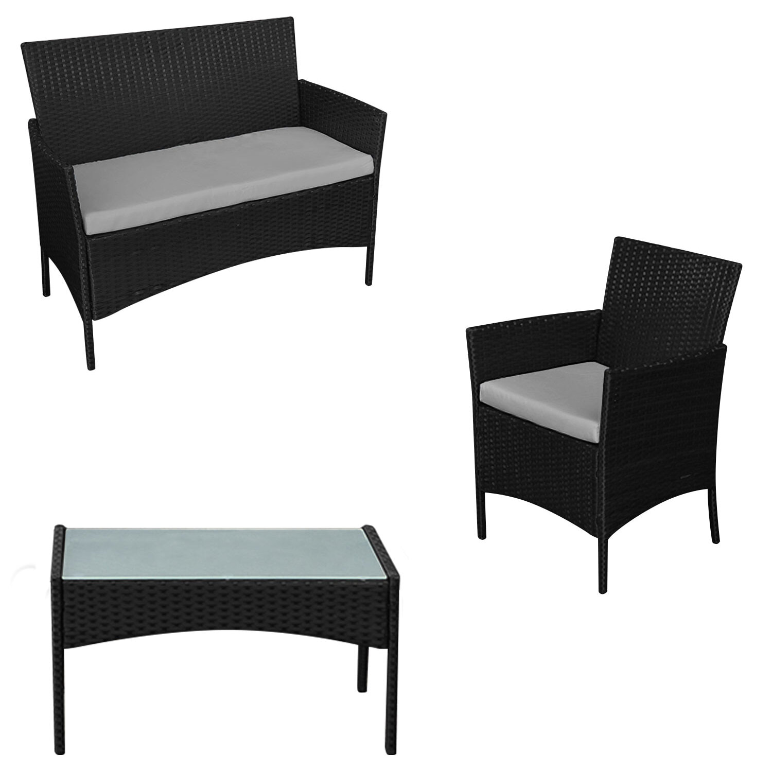 Salon de jardin CORFOU en résine tressée noire 4 places - coussins gris