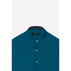 Camicia Uomo Coreano Slim Popeline Stretch Unito Verde Ottanio
