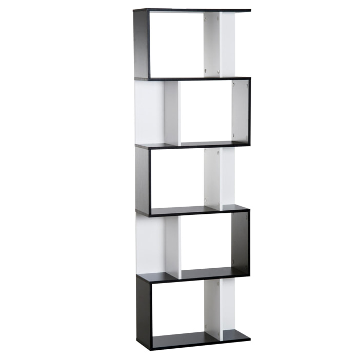 Bibliothèque étagère meuble de rangement design contemporain en S 5 étagères 60L x 24l x 185H cm noir blanc