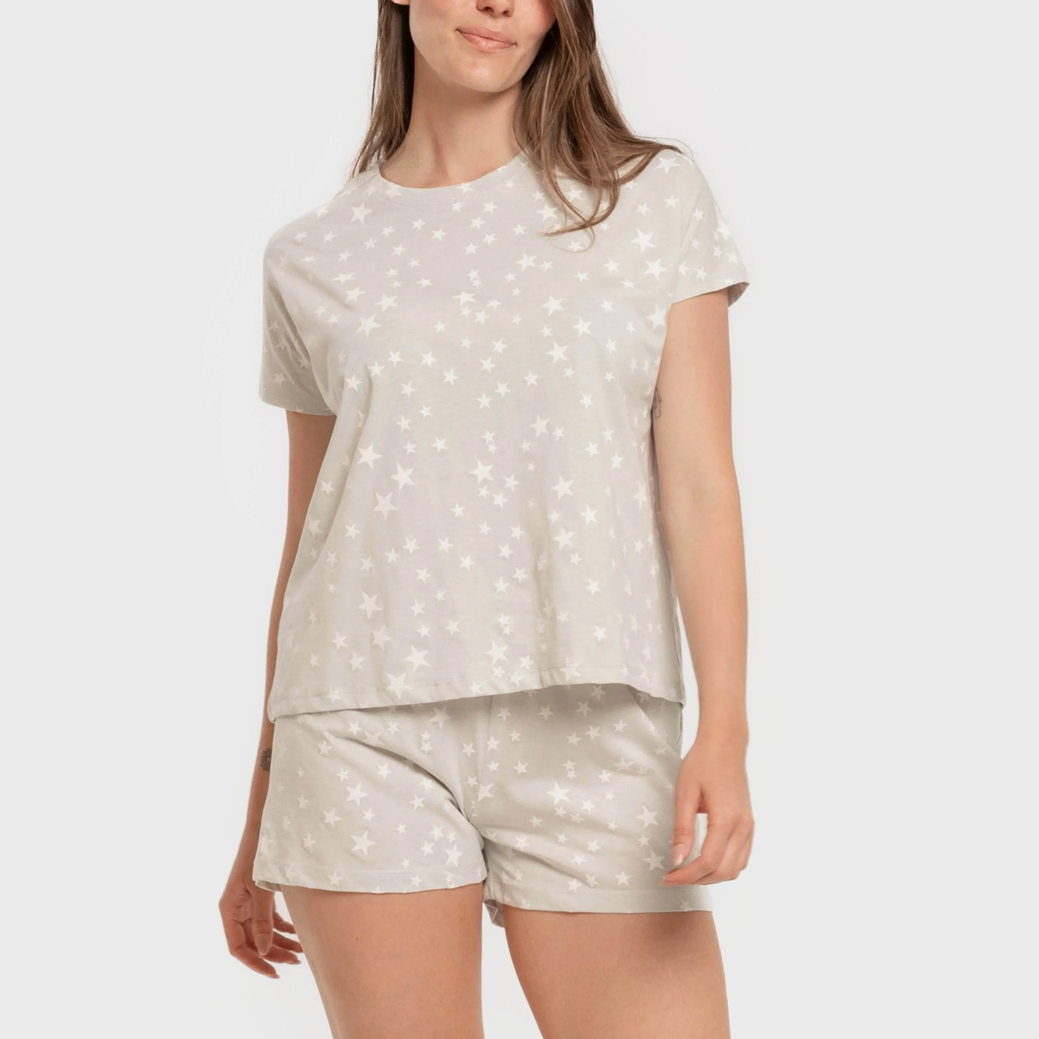 Pijama corto manga fluida algodón mujer Estrellita Gris