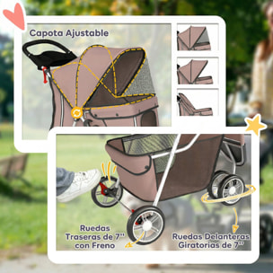 Carrito para Perros Plegable, Cochecito para Perros Pequeños con Cesta de Almacenaje, Ventanas de Malla, Portavasos y Ruedas, Carga 10 kg, 77x44x102 cm, Café