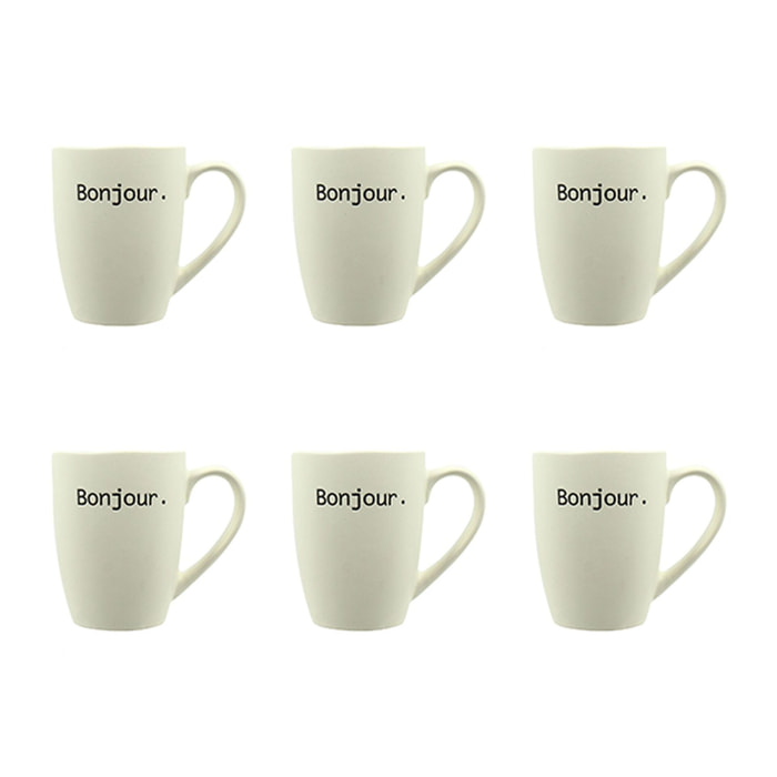Lot de 6 mugs 38cl en grès blanc à message BONJOUR