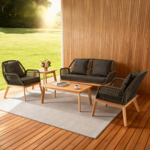EMILIO Salon de jardin 4 places en bois avec 2 tables gris anthracite et bois