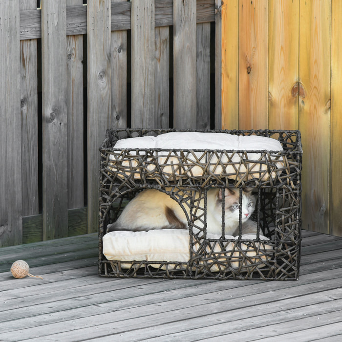 Cesta de Ratán para Gatos de 2 Alturas con 2 Cojines Suaves y Ventana 56x41x45cm