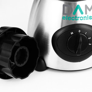 Frullatore 2 in 1 in vetro 1,5L in acciaio inox. Caraffa in vetro, 1500W, lame in acciaio inox, tritaghiaccio, frullati, succhi. 3 velocità. Bicchiere ausiliario.