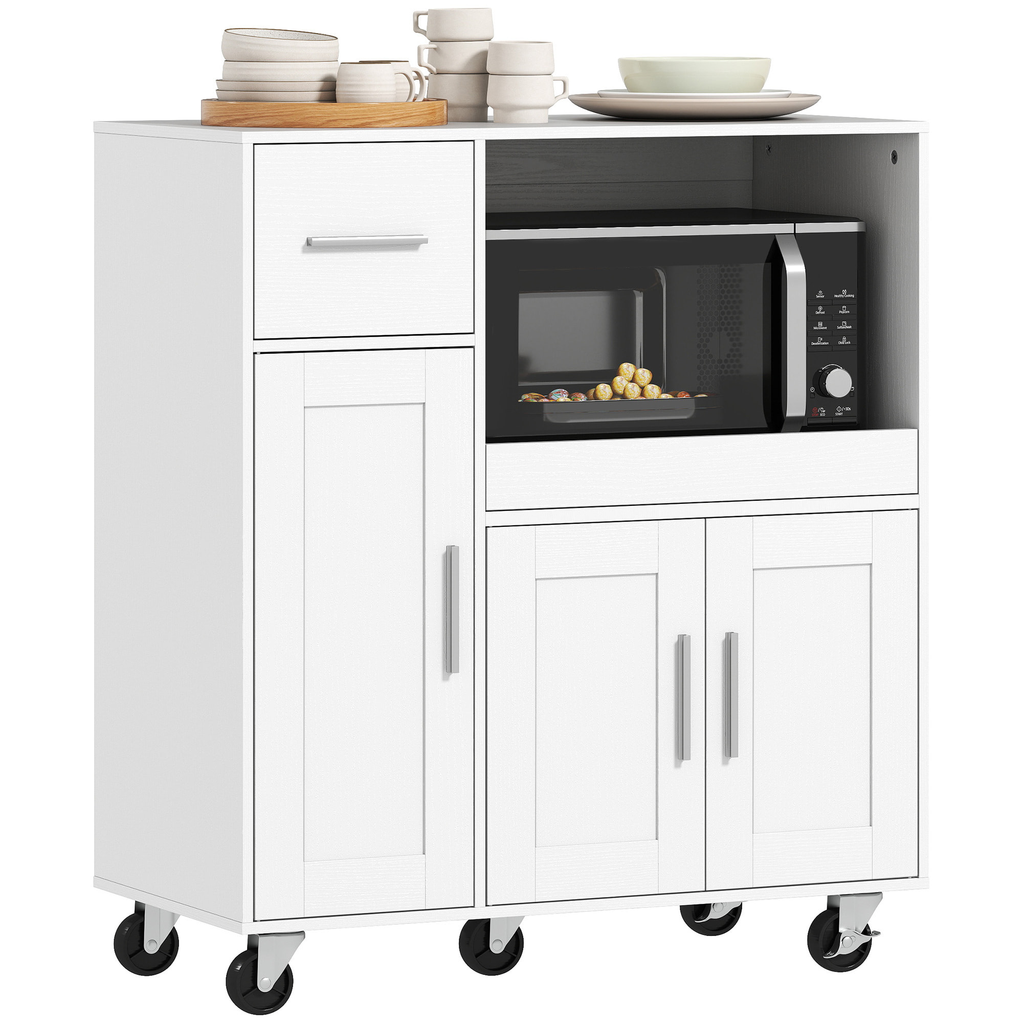 Mueble Auxiliar de Cocina con Ruedas, Aparador de Cocina para Microondas con Bandeja Deslizante, Cajón, 3 Puertas, Estante Ajustable y Orificio para Cables, para Salón, 80x40x88,7 cm, Blanco