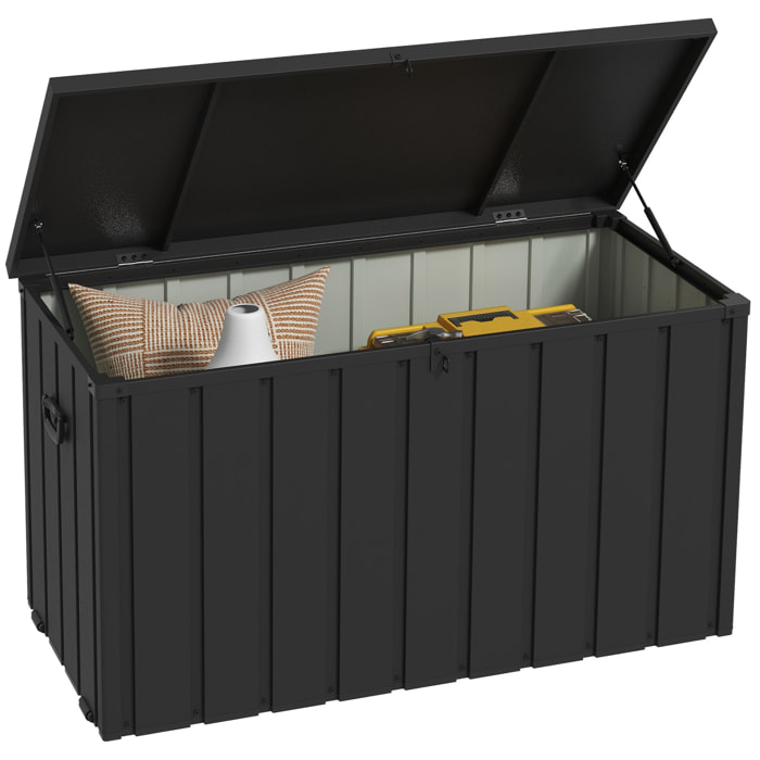 Arcón Exterior Capacidad 450L, Baúl Almacenaje Exterior de Acero con 4 Ruedas, 2 Asas y Tapa Bloqueable, Resistente a la Intemperie, para Jardín, Terraza, Patio, 125,5x61,5x70 cm, Gris Oscuro