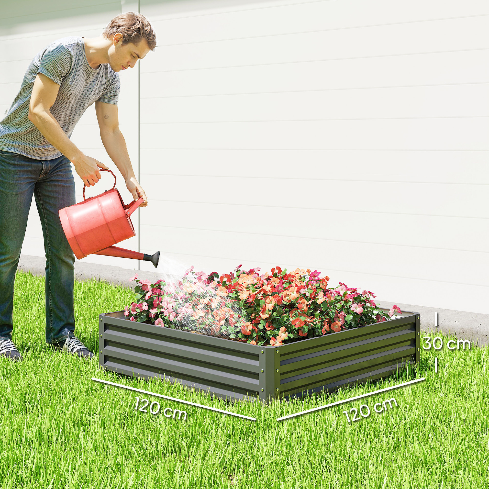 Carré potager de jardin dim. 120L x 120l x 30H cm tôle d'acier ondulée gris clair