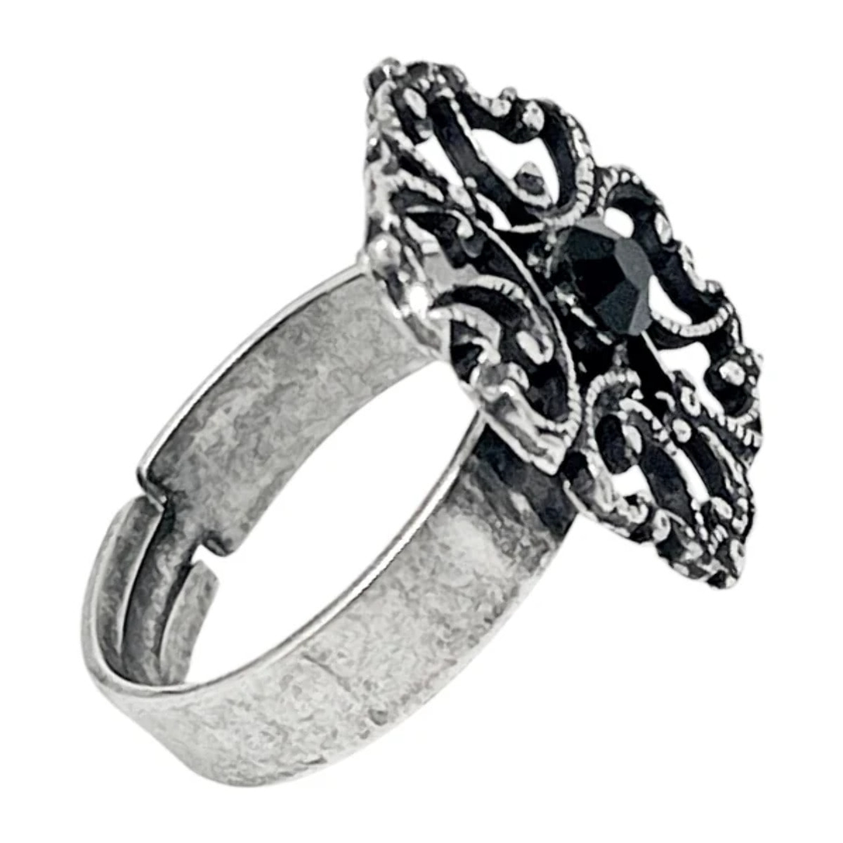 Anillo Vintage oval y cristal negro plata envejecida