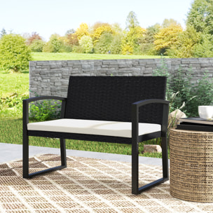 Banco de Jardín de Ratán Sintético de 2 Plazas Banco de Exterior con Cojín y Reposabrazos Carga 240 kg para Terraza Patio 103x58x78 cm Negro y Beige