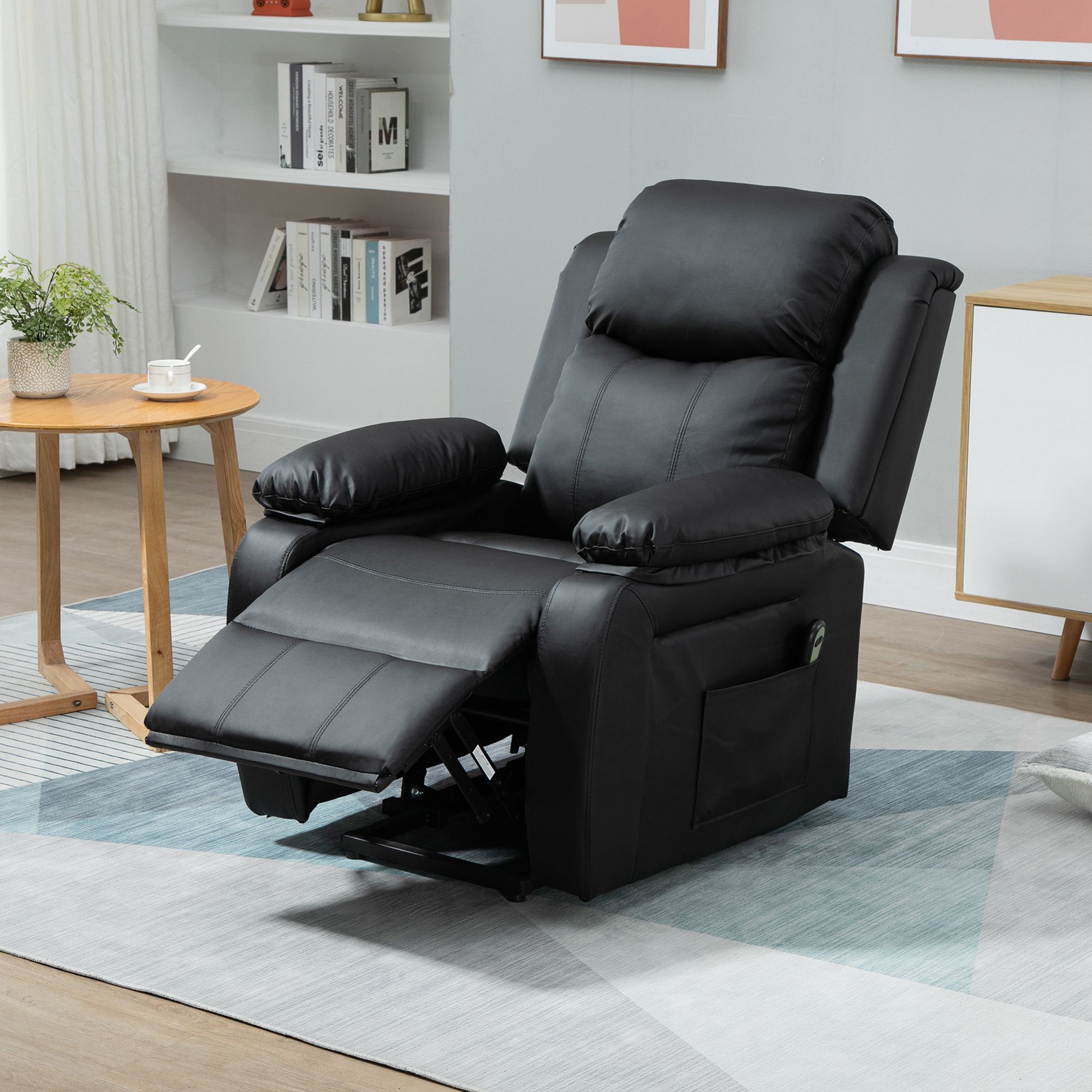 Sillón Relax Levanta Personas Auto-Ayuda con Control Remoto Reclinación Eléctrica 160° Reposapiés Respaldo Tapizado en PU y Bolsillos Laterales 76x90x105 cm Negro