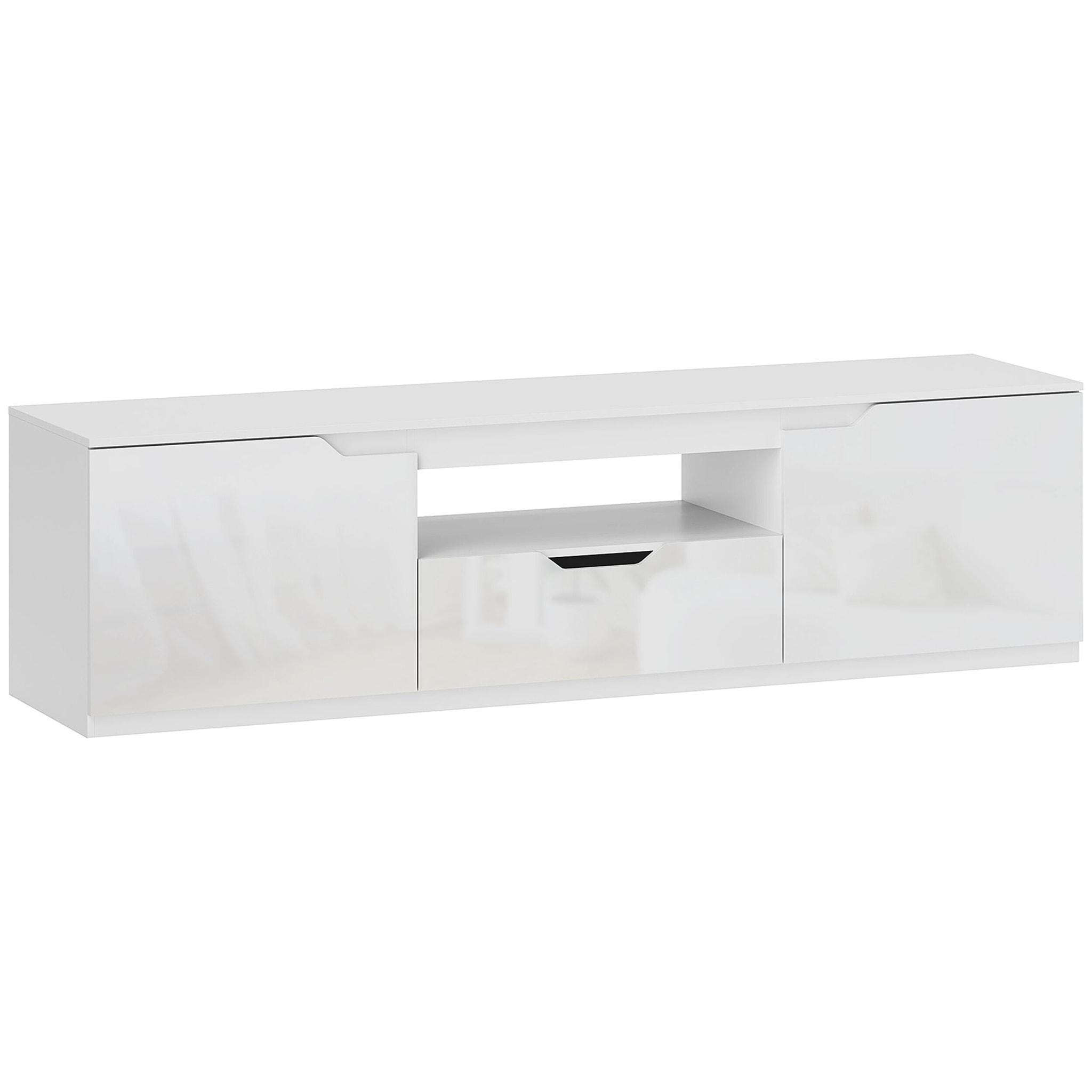 Meuble TV design façade laquée 2 portes tiroir niche blanc