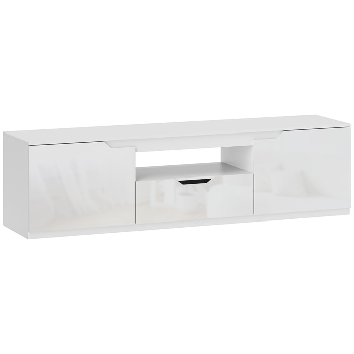 Meuble TV design façade laquée 2 portes tiroir niche blanc