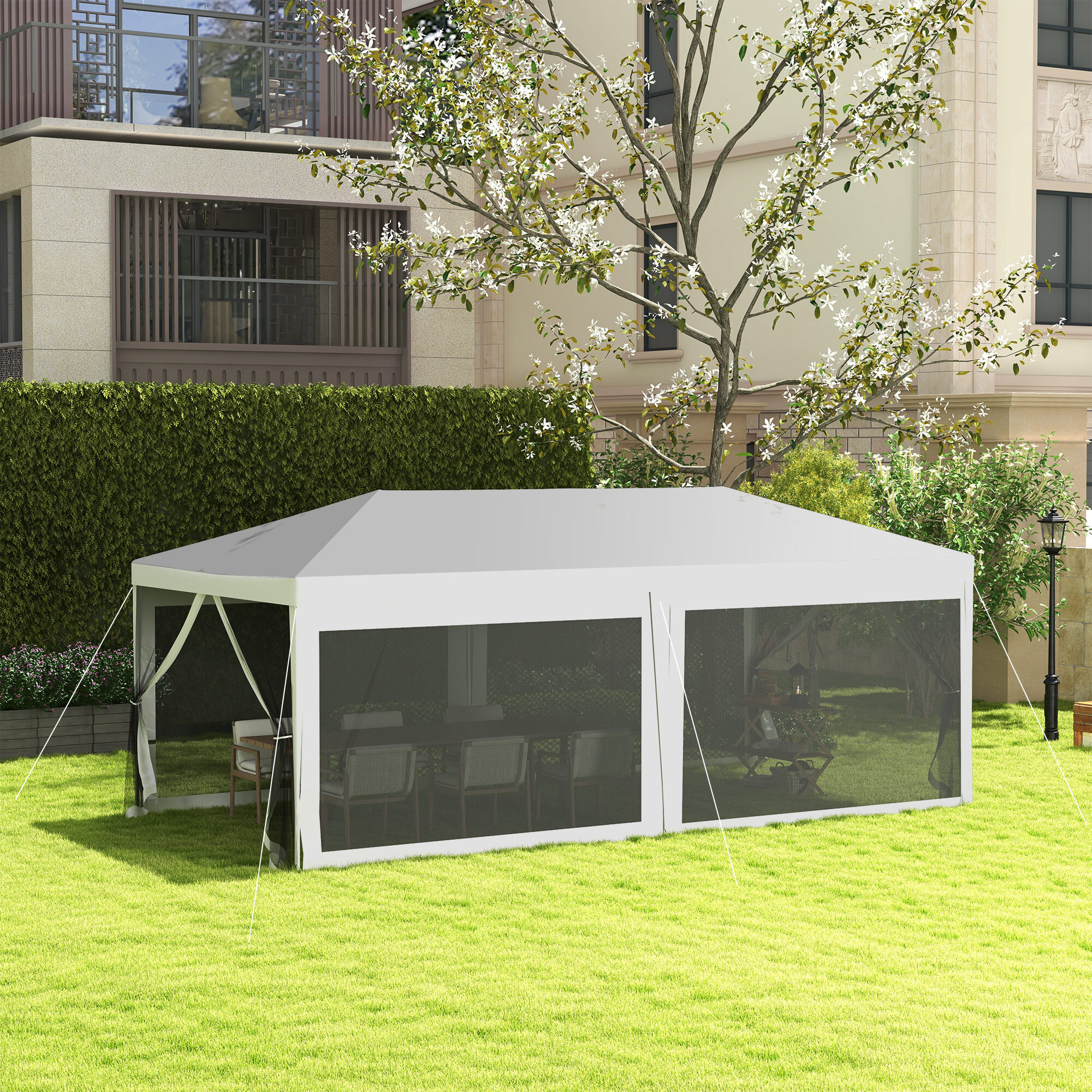 Outsunny Carpa de Jardín 6x3 m Cenador Desmontable Exterior con 6 Mosquiteras Laterales 2 Puertas con Cremallera para Terraza Patio Blanco
