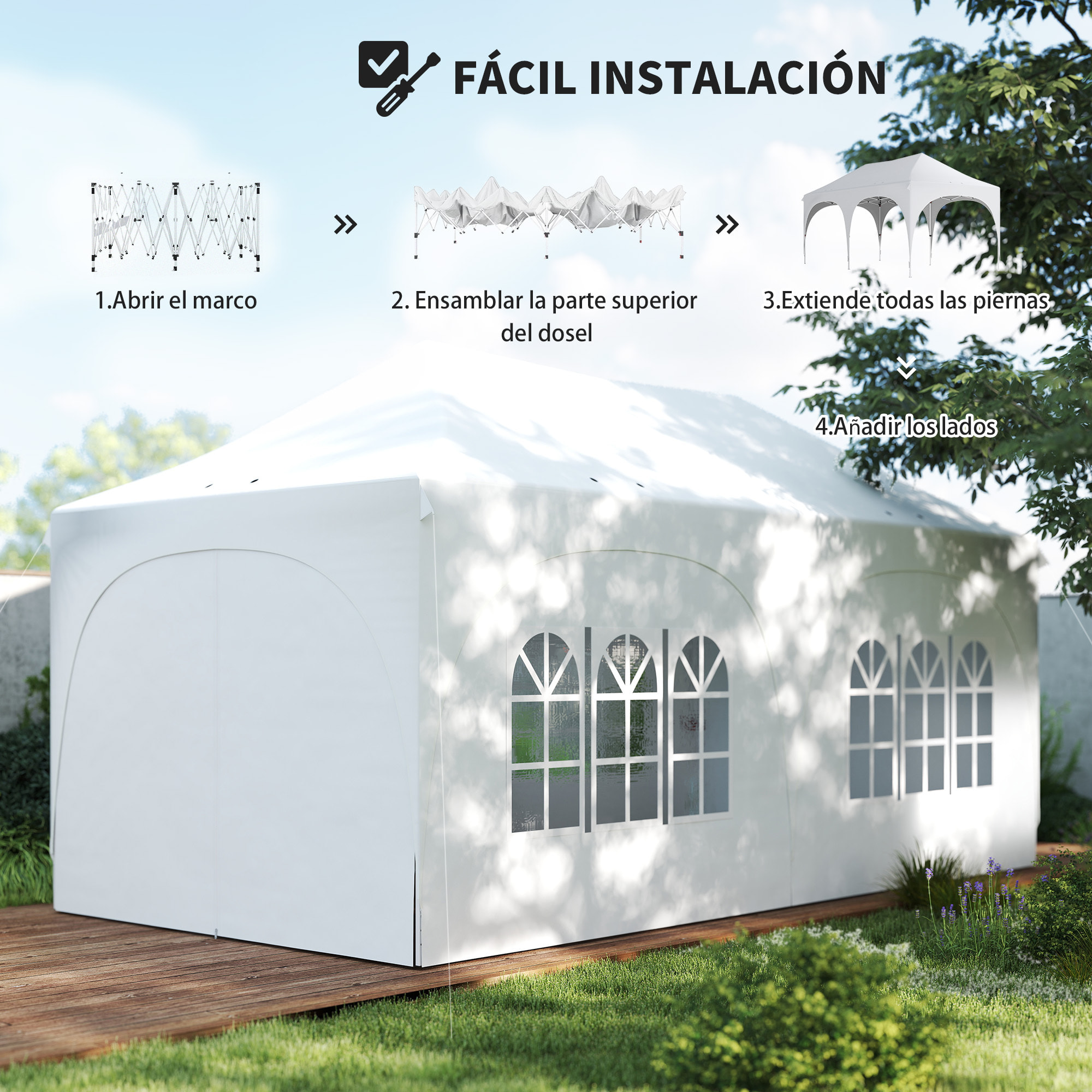 Carpa Plegable 6x3 m, Pop-up, con 6 Laterales Extraíbles, Cenador de Jardín con Altura Ajustable, Ventanas, Bolsa de Transporte, UPF30+, Gazebo para Camping, Fiestas, Exterior, Gris Claro