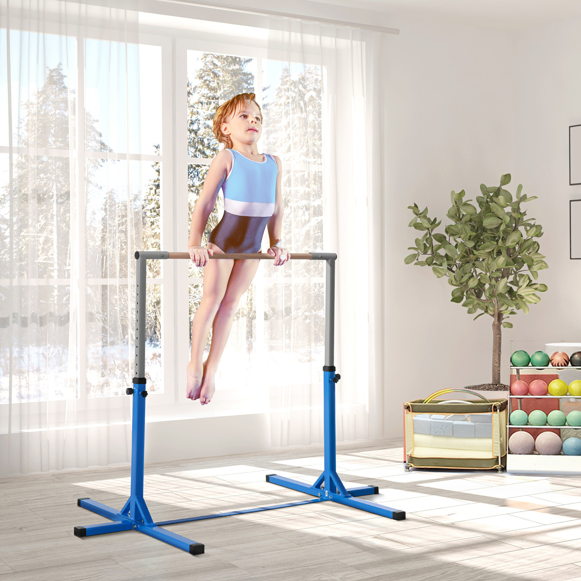 Barre fixe de gymnastique enfant - barre de gymnastique hauteur réglable 13 niveaux 92 à 150 cm - acier bleu bois massif hêtre