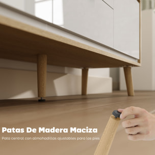 Mueble de TV Moderno de 2 Puertas, Mueble TV para Salón con 2 Cajones, Orificios Pasacables, Estantes Extraíbles y Ajustables, para Televisión 55 Pulgadas, 120x35x50 cm, Blanco Brillo y Roble