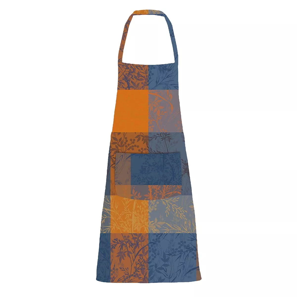 Tablier pur coton enduit 220 g/m² motif jacquard bleu brun Mille branchages crepuscule