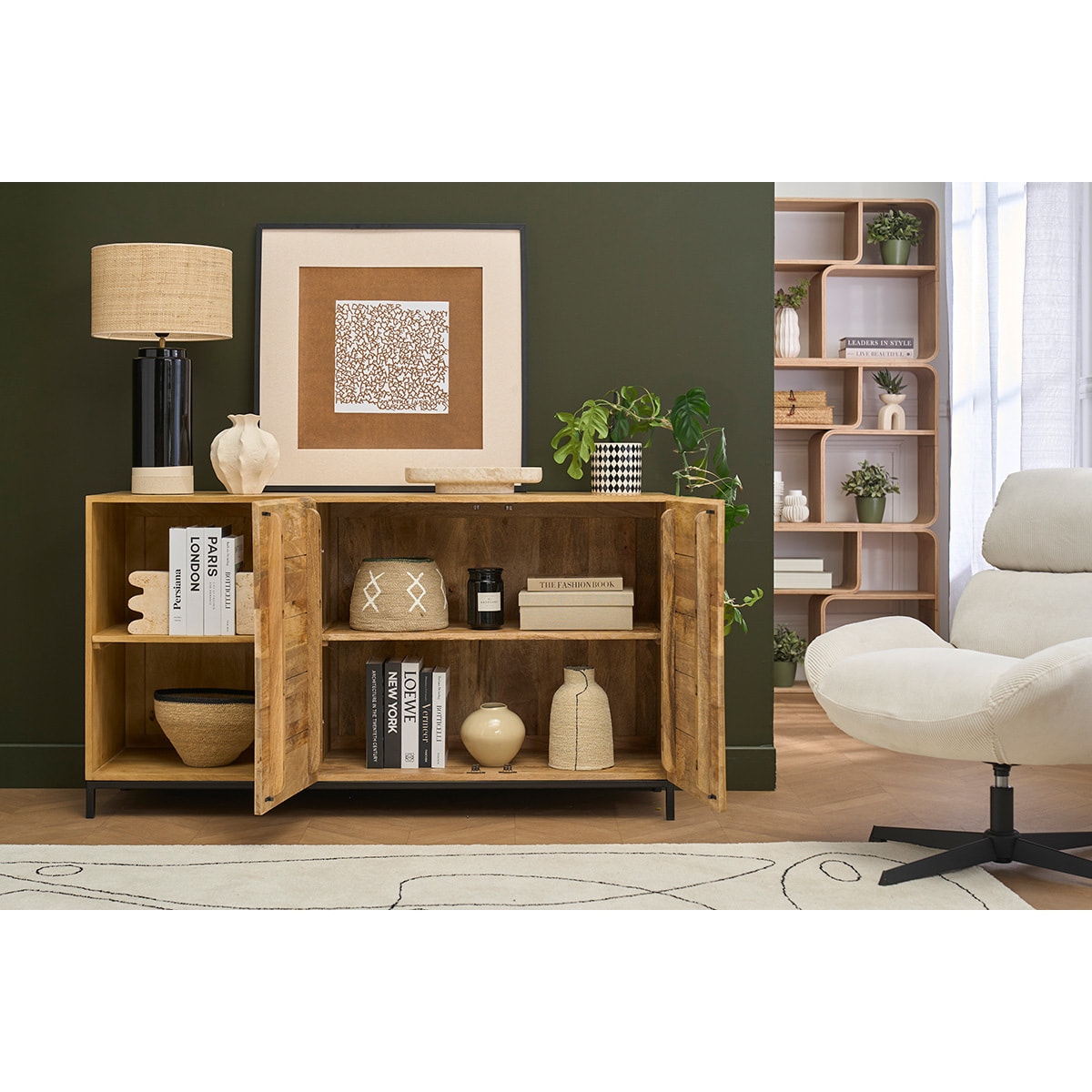 Buffet industriel en bois manguier massif et métal noir 2 portes L145 cm YPSTER