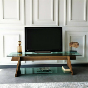 Mobile porta TV Dpotenz, Credenza da soggiorno, Armadio basso per TV, Base parete attrezzata, 158x40h45 cm, Noce e Verde