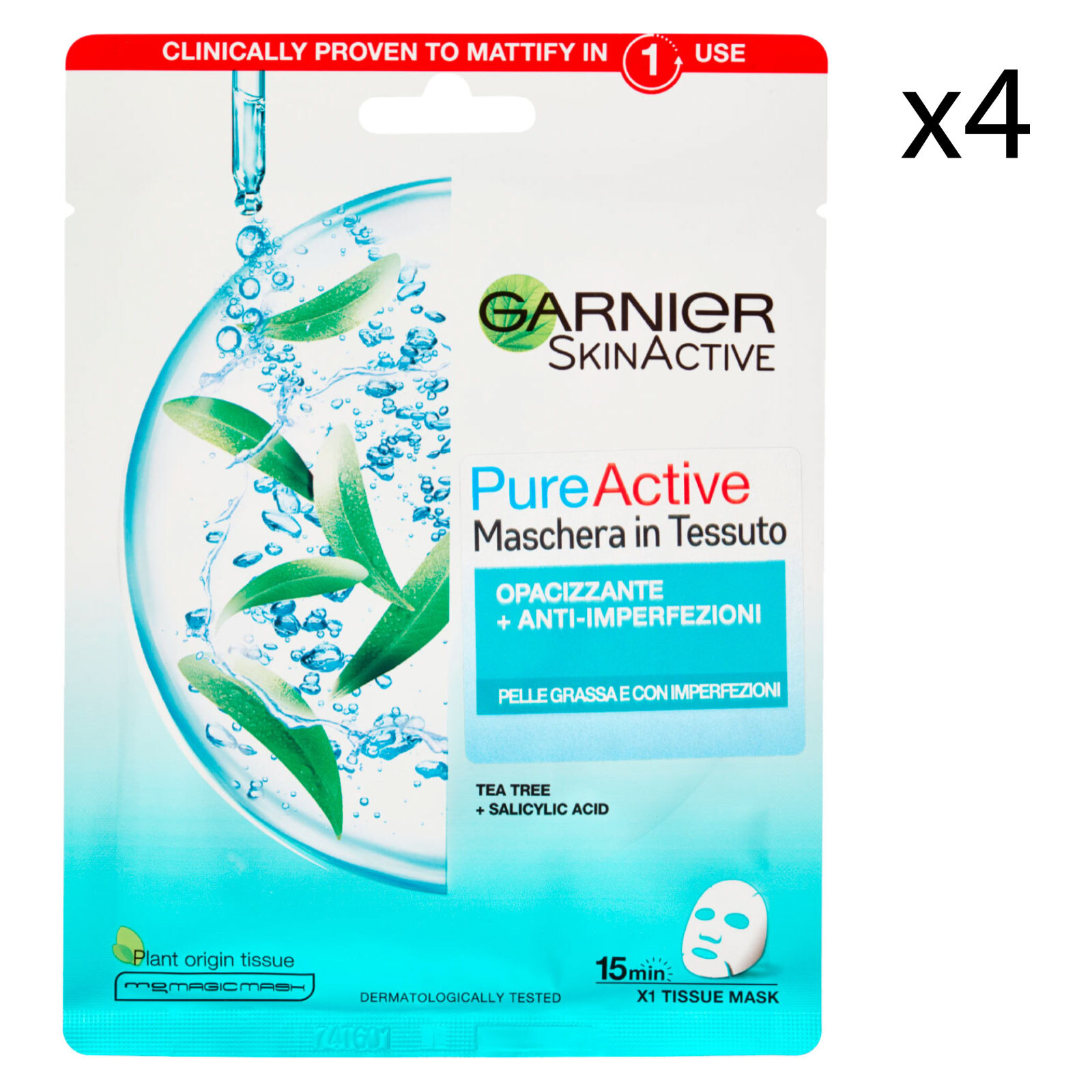 4x Maschera Viso in Tessuto Anti-Imperfezioni e Opacizzante SkinActive Pure Active
