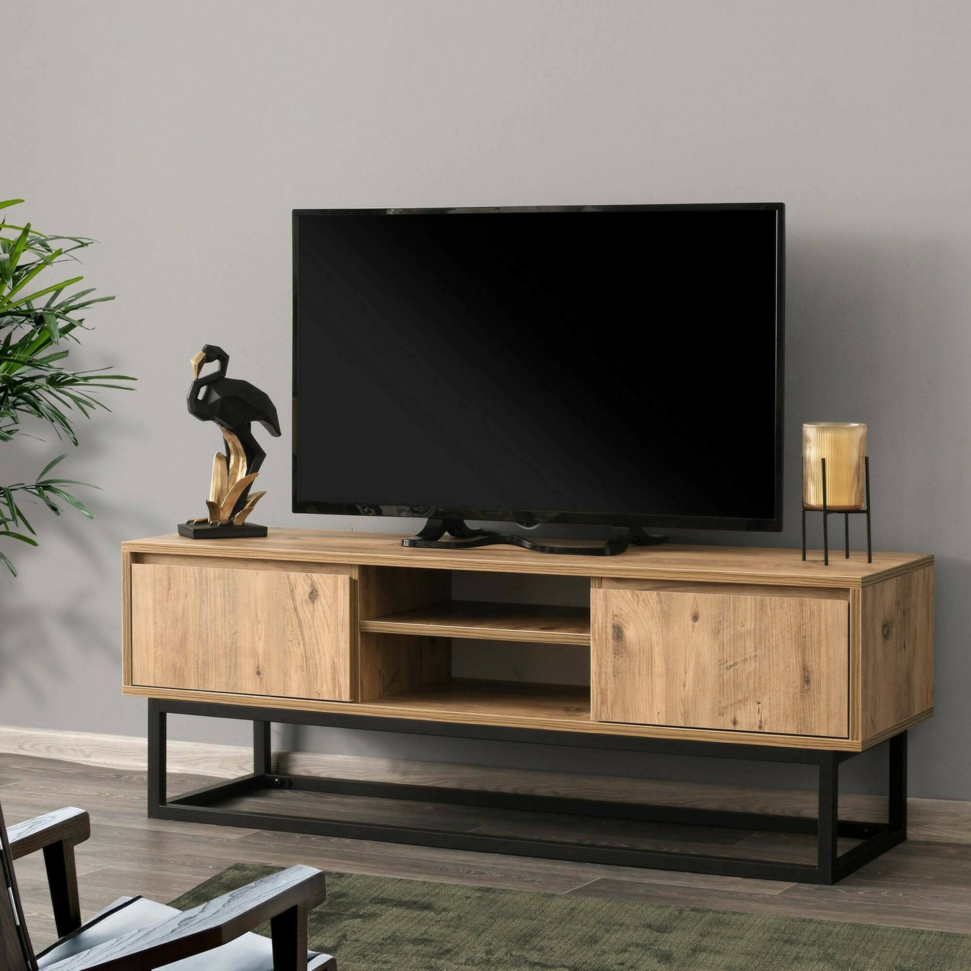 Mobile porta TV Dpirol, Credenza da soggiorno, Armadio basso per TV, Base parete attrezzata, 140x40h50 cm, Nero e Quercia