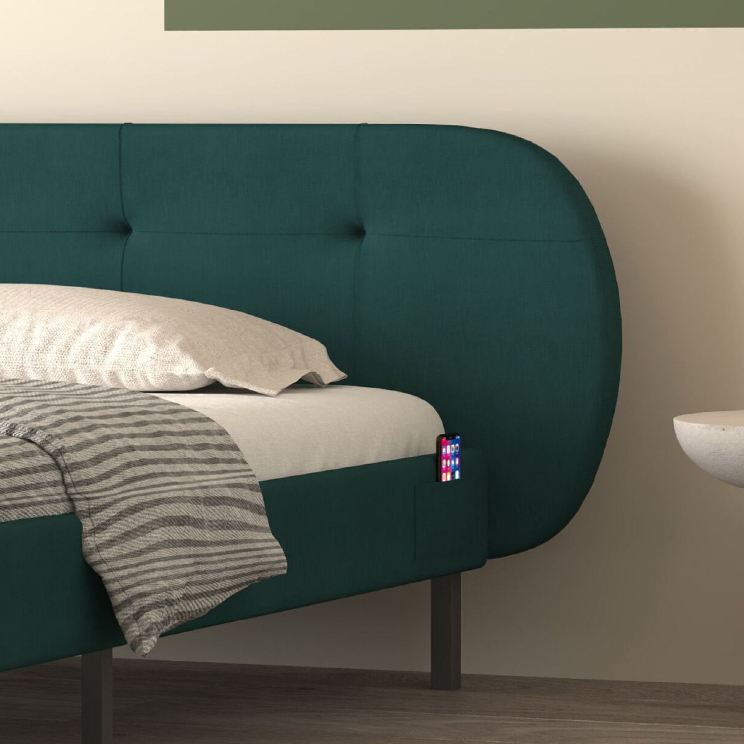 RENO Lit capitonné 140x190cm vert avec tête de lit et sommier