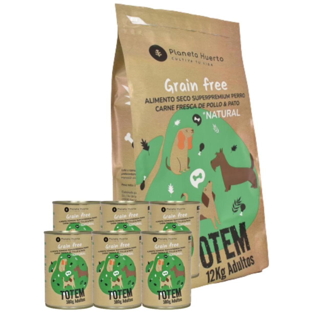 PLANETA HUERTO | Pack Mixto Comida para Perros – Pienso Grain Free 12 kg + 6 Latas de Comida Húmeda 380 g, Pollo y Pato, Sin Cereales ni OGM