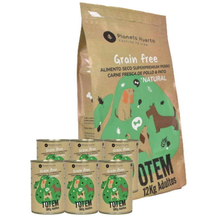 PLANETA HUERTO | Pack Mixto Comida para Perros – Pienso Grain Free 12 kg + 6 Latas de Comida Húmeda 380 g, Pollo y Pato, Sin Cereales ni OGM