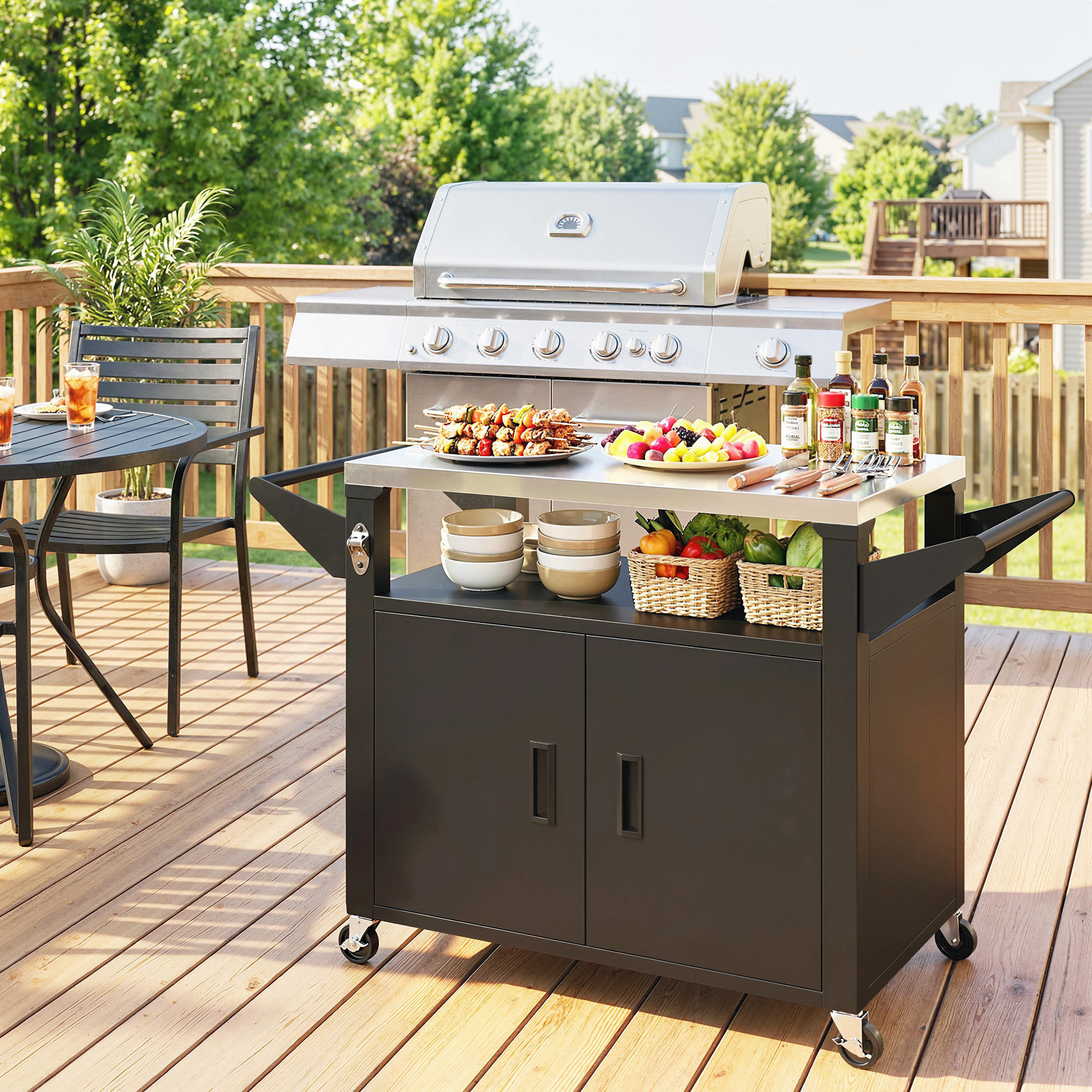 Desserte jardin chariot plancha 2 portes étagère métal noir acier inox